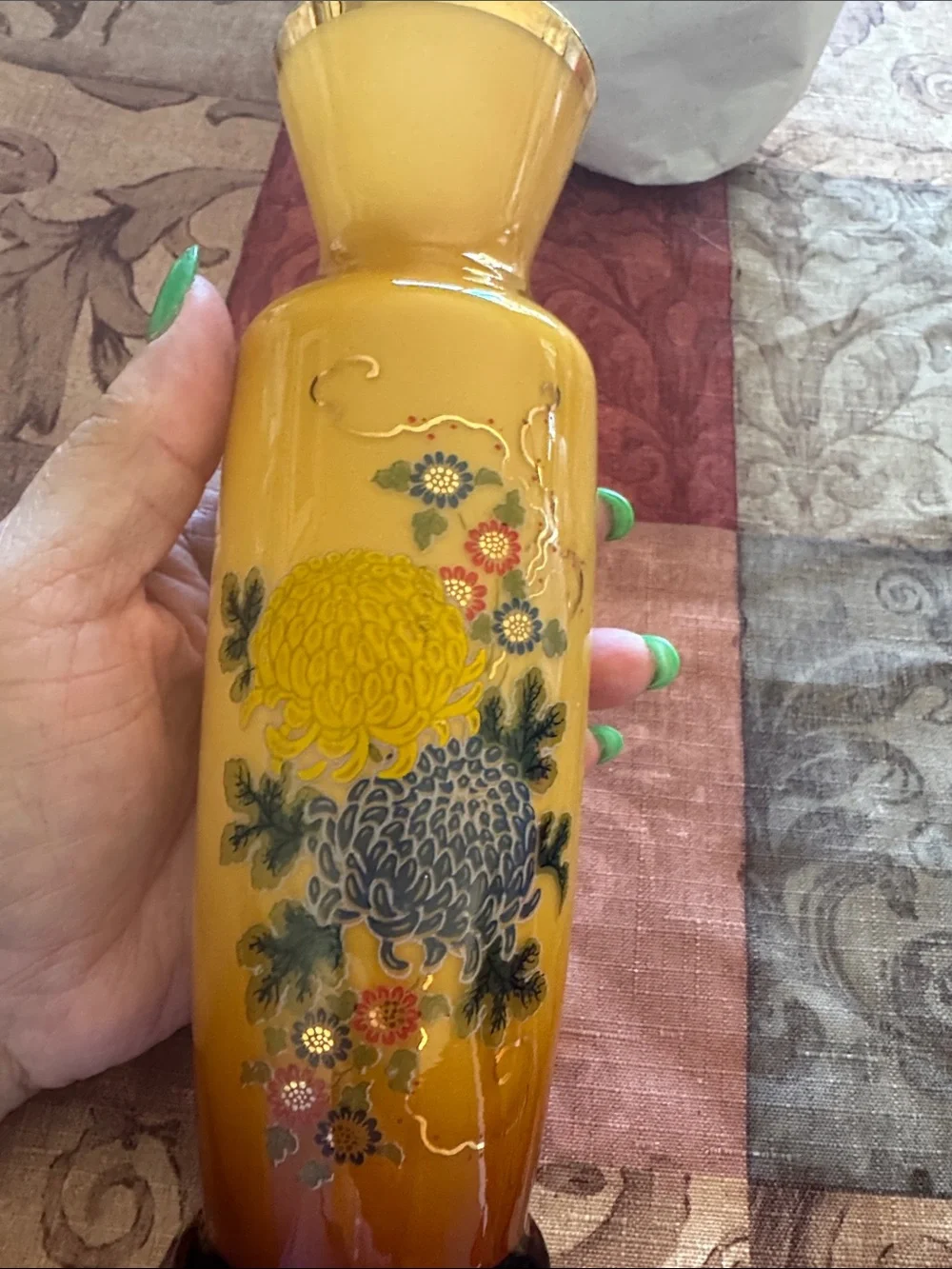 Yellow Ombre Floral Glass Vase with Painted Chrysanthemums